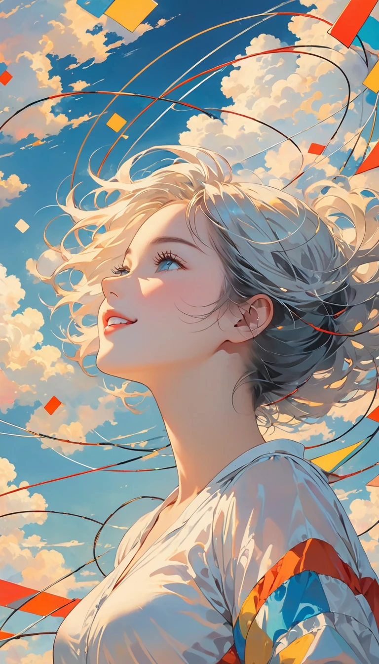 masterpiece, best quality, Stills, 1 Girl, Floating in the air, cloud girl, cloud, (close up:1.1), bright, Happy, pleasure, Soft lighting, (Bauhaus, shape, Wire, Abstract:1.1)
