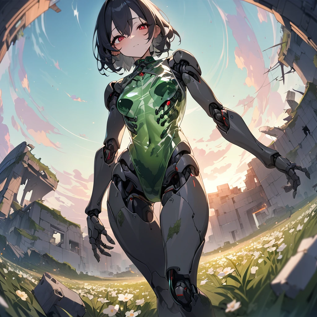 1girl, 20yo、black hair, red eyes, skeleton body, Vinyl Translucent dress、Bones visible, moss on body、robot joints:1.3、evening、red light、Ruins, flower field, high-resolution image, leotard, see-through,android, joints, robot joints, dynamic pose、fisheye lens、green sky、foot focuASTERPIECE, BEST QUALITY, HIGH QUALITY,
HIGHRES, ABSURDRES, PERFECT COMPOSITION,
INTRICATE DETAILS, ULTRA-DETAILED,
PERFECT FACE, PERFECT EYES,
NEWEST, AESTHETIC,