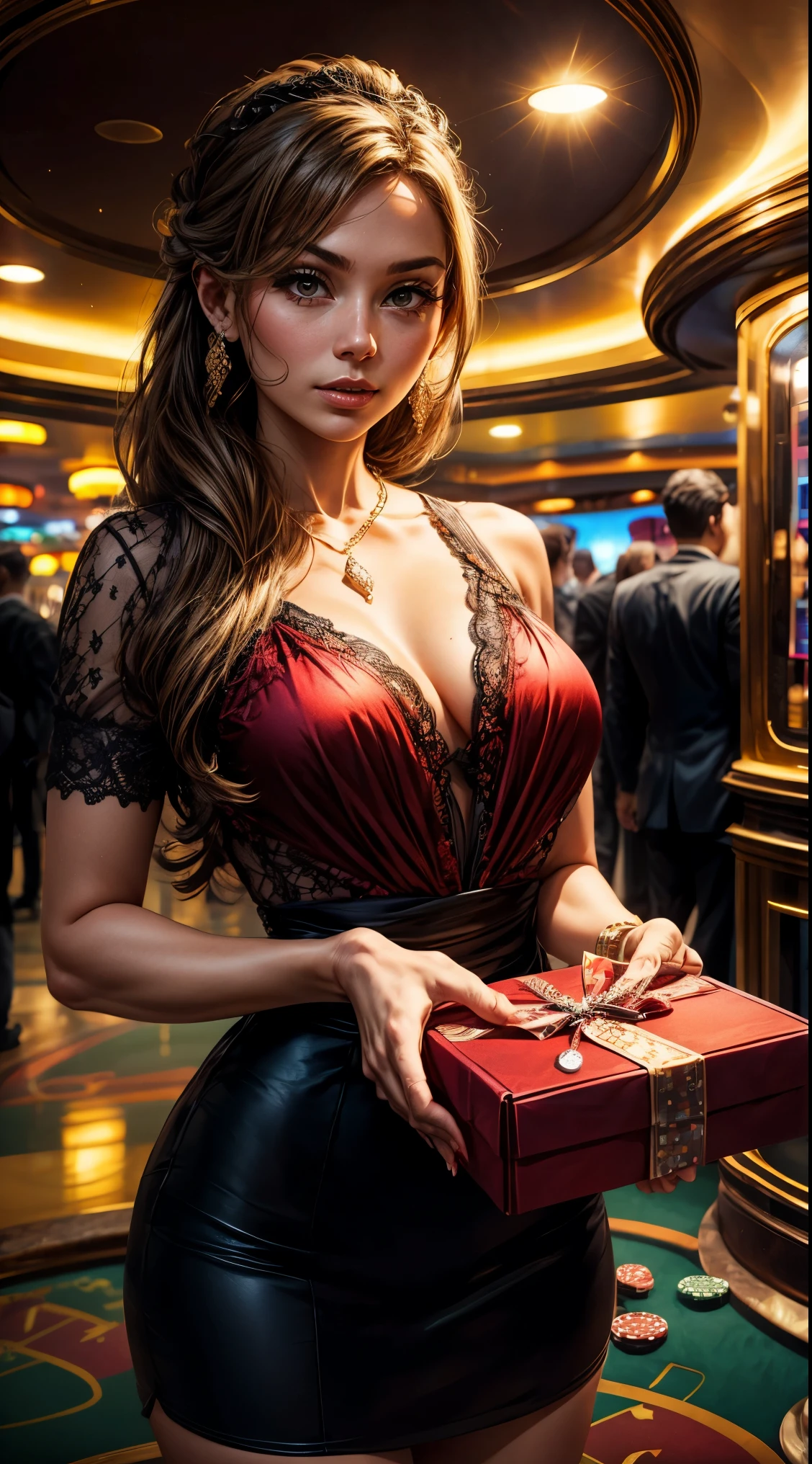 holding a gift box with casino background
