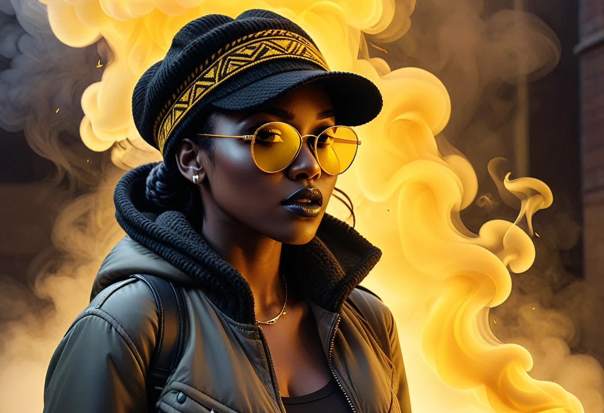 stylized by Pixar, Vector Art, large (black tribal woman:1.2) , deep yellow smoke wide mouth, she is dressed in Wool cap, her Wool cap is tailored by Yeezy and Anthony Vaccarello, aviator sunglasses, Ruff, Foggy, detailed, masterpiece, Light, Ambient lighting, 35mm, Saturated