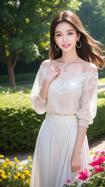 (Highest quality、 8k 、masterpiece、High resolution)、Young lovely woman、Ample breasts、Beautiful clavicle、Slender beauty、(Brown hair medium、My hair is blowing in the wind、Flows backwards)、whole body、 (Beautiful Face,Beautiful Eyes,Beautiful nose,Pretty lips)、(Earrings、silver heart pendant necklace)、(Feminine Style、3/4 Sleeve Lace Blouse、See-through long skirt)、Her mouth opens slightly and a smile appears.、Dynamic pose、Outdoor、(garden、Colorful flowers)、looking at the camera、Professional Lighting、Professional photographer、
