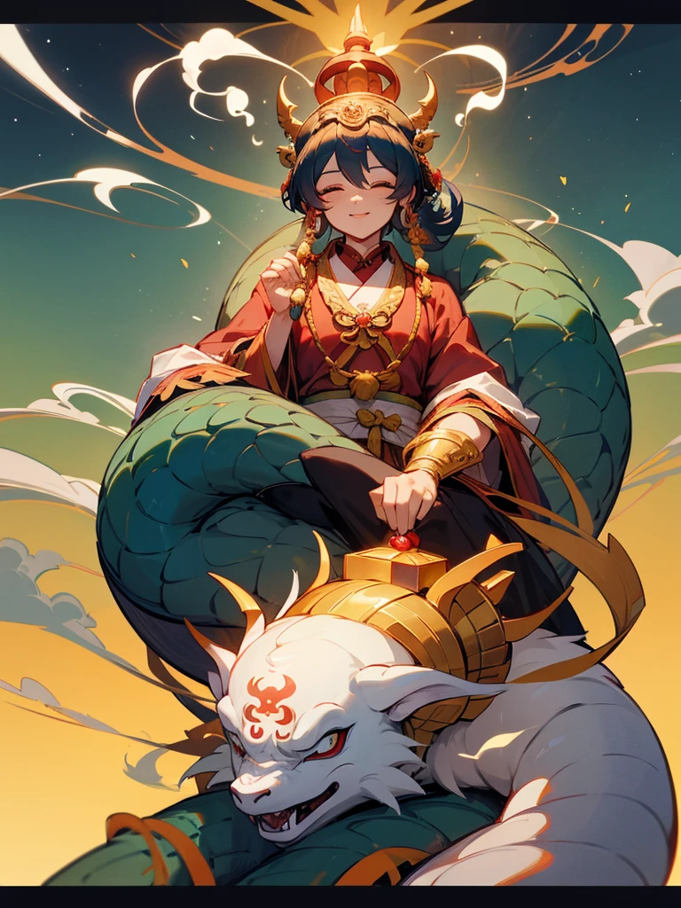 1 girl, black hair, (blue eyes), masterpiece, best quality, 与中国dragon交朋友, pleasure, happy, bright, dragon,