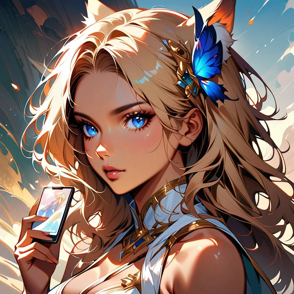 (Beautiful woman), full body view, a close up of a woman with long blonde hair holding a cell phone, inspired by Magali Villeneuve, fantasy art portrait, fantasy portrait art, detailed matte fantasy portrait, alice x. zhang, fantasy portrait, epic fantasy art portrait, beautiful fantasy art portrait, magali villeneuve', graphic artist magali villeneuve, fantasy genre portrait, epic fantasy digital art style