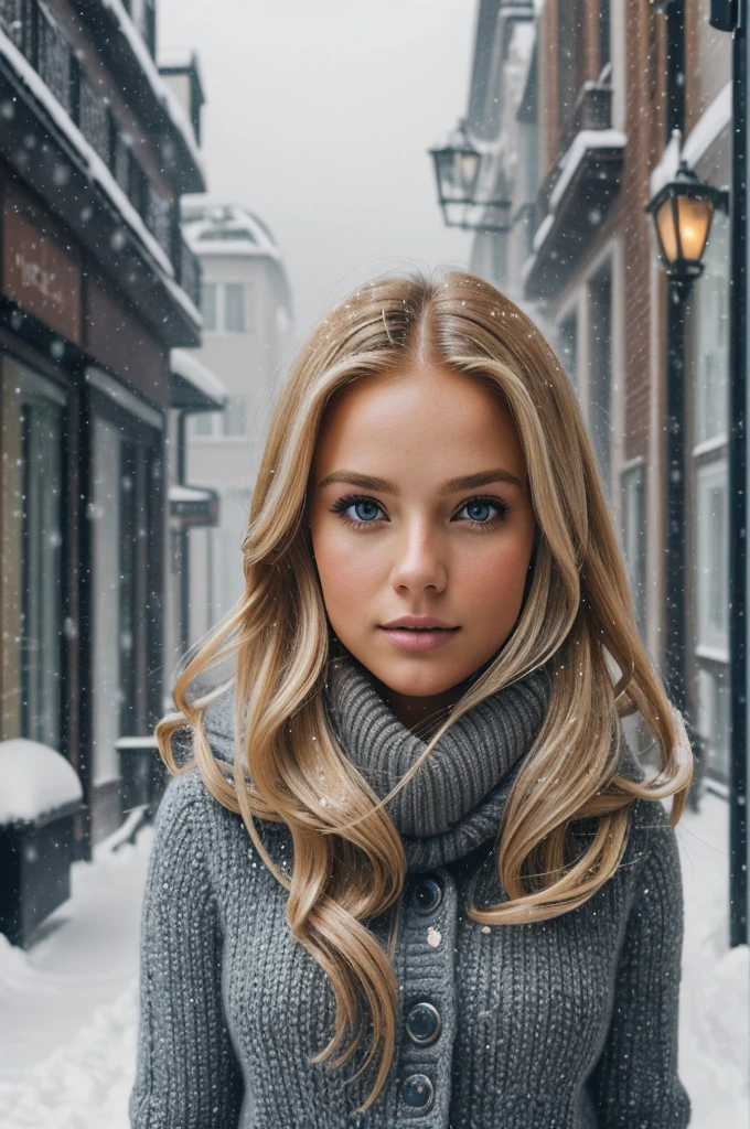 professional portrait photograph of a gorgeous Norwegian girl in winter clothing with long wavy blonde hair, sultry flirty look, gorgeous symmetrical face, cute natural makeup, wearing elegant warm winter fashion clothing, ((standing outside in snowy city street)), stunning modern urban environment, ultra realistic, concept art, elegant, highly detailed, intricate, sharp focus, depth of field, f/1. 8, 85mm, medium shot, mid shot, (((professionally color graded))), bright soft diffused light, (volumetric fog), trending on instagram, hdr 4k, 8k
