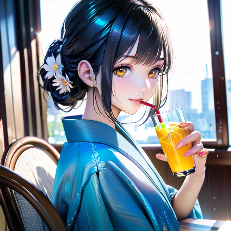 A beautiful cat-eared girl in a decollate kimono, sitting in a stylish modern café. She is holding a tall glass filled with ice-cold lemonade, with condensation droplets glistening on the glass. The café has a cozy, yet contemporary interior with soft lighting, wooden furniture, and potted plants adding a touch of nature. The girl has a relaxed, gentle smile, enjoying the refreshing drink. Through the large windows, the bustling city street is visible, adding a dynamic contrast to the serene interior.
(masterpiece:1.0), (best quality:1.0), (ultra-detailed:1.0), (high resolution:1.0), (intricate:1.0), (delicate features:1.0), (fine details:1.0), (crisp lines:1.0), (photorealistic:1.0), (realistic details:1.0), (hyper-realistic:1.0), (cinematic lighting:1.0), (soft shadows:1.0), (ambient occlusion:1.0), (ray tracing:1.0), (highly detailed textures:1.0), (realistic fabric:1.0), (fine texture:1.0), (vibrant colors:1.0), (high contrast:1.0), (color grading:1.0), (HDR:1.0), (8k resolution:1.0), (16k quality:1.0), (ultra-sharp:1.0), (super fine details:1.0), (nano detail:1.0), (micro texture:1.0), (subtle gradients:1.0), (perfect focus:1.0)