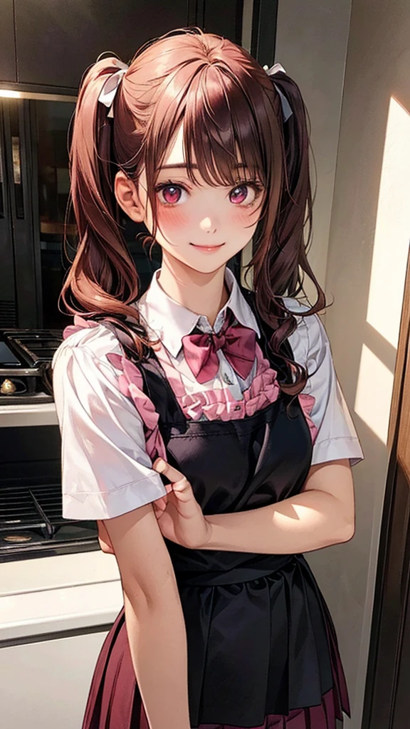 (masterpiece:1.2, Highest quality), (Realistic, photoRealistic:1.4), Beautiful illustrations, (Natural Side Lighting, Cinema Lighting), Browsing Caution,
Looking at the audience, (Face Focus, Upper Body), 1 girl, Japanese, high school girl, Perfect Face, Symmetrical cute face, Glowing Skin,
(Long Hair:1.5, Twin tails:1.4, Dark brown hair), Asymmetrical bangs, Dark red eyes, Shining Eyes, Big eyes, Droopy eyes, Long eyelashes, (Medium chest), thin, Dark red hair ribbon,
Beautiful Hair, Beautiful Face, Fine and beautiful eyes, Beautiful clavicle, Beautiful body, Beautiful breasts, Beautiful thighs, Beautiful legs, Beautiful fingers,
((Pink ruffled apron, White collared shirt, Dark red pleated mini skirt), Dark red bow tie),
(Beautiful views), evening, (kitchen), Are standing, Put your arms behind your head, (Cute Smile, Upper Eye),