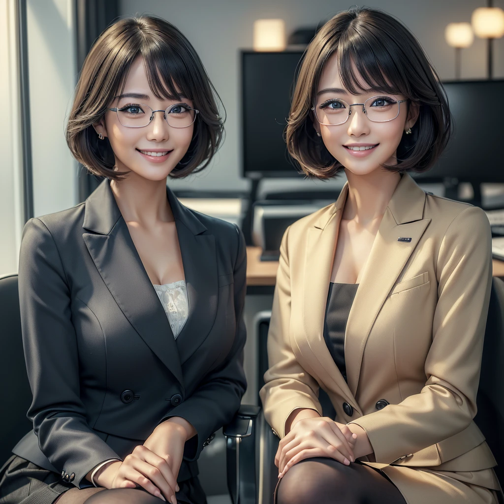 (best quality, masterpiece:1.5), (ultra-detailed, realistic:1.37),4K,(2woman:1.5),japanese,cute,beautiful,(office uniform:1.2),(miniskirt),pantyhose,(smile:1.3),(glasses),perfect hands,