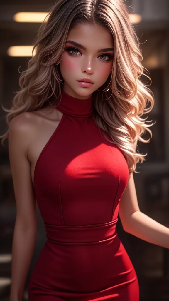 realistic portrait of a beautiful woman wearing a red dress, extremely detailed eyes and face, longeyelashes, elegant pose, cinematic lighting, warm color palette, high quality, digital art, concept art