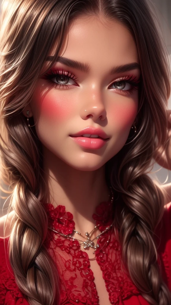 realistic portrait of a beautiful woman wearing a red dress, extremely detailed eyes and face, longeyelashes, elegant pose, cinematic lighting, warm color palette, high quality, digital art, concept art