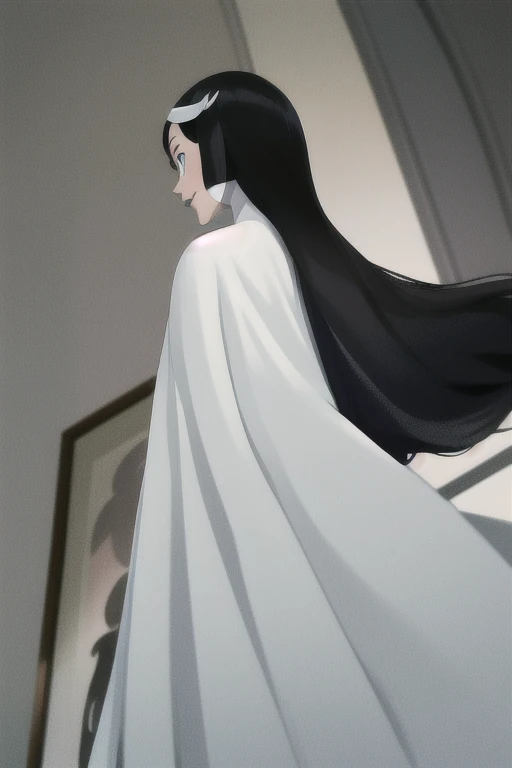 Tinya Wazzo, solo,black hair, long hair. grey eyes, smile, grey lips, white cape, best quality, masterpiece, 1girl, Masterpiece, Best Quality, Detail, room, From Behind, From Below, cape infront, beautiful cape, looking in front 