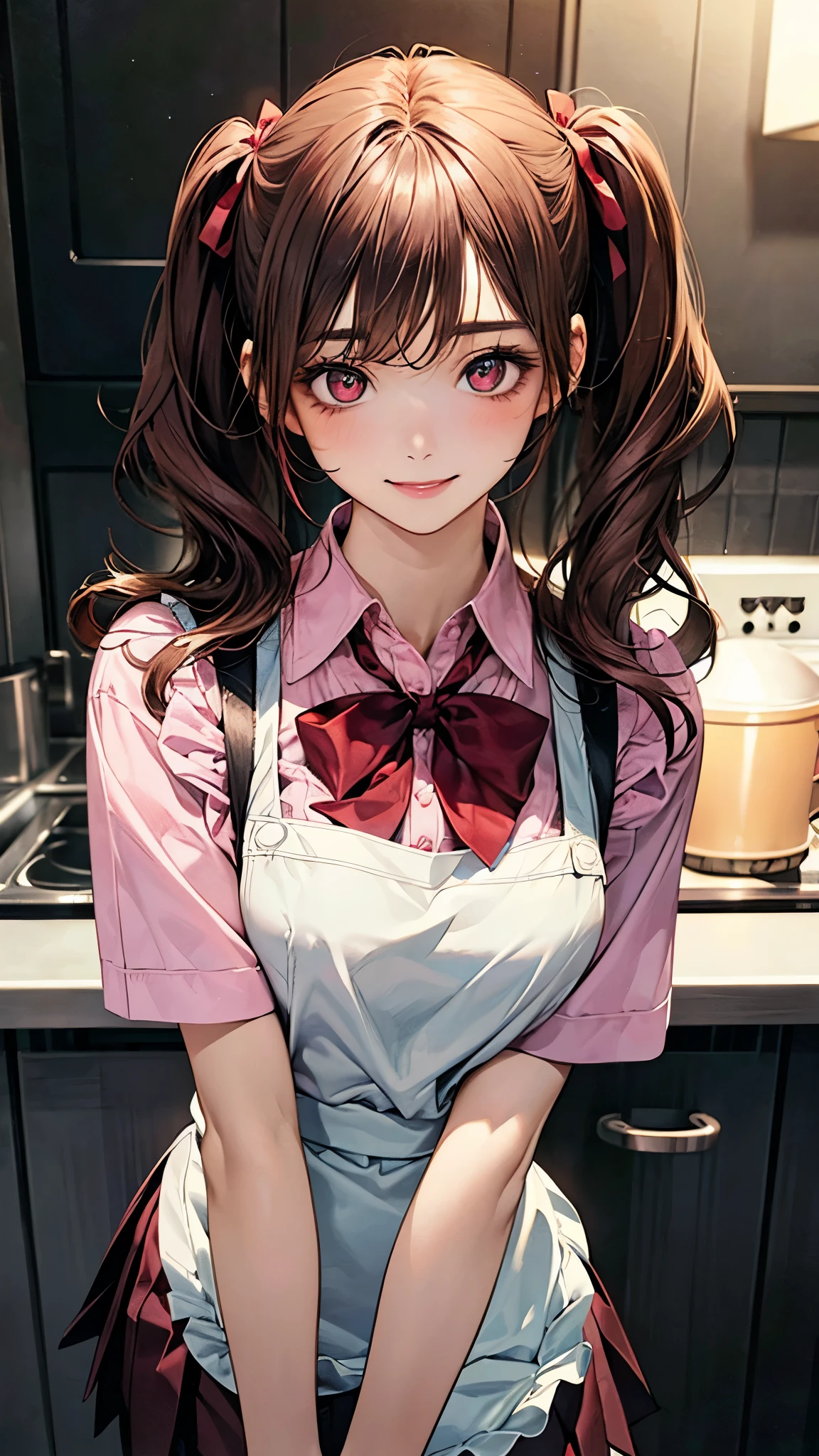 (masterpiece:1.2, Highest quality), (Realistic, photoRealistic:1.4), Beautiful illustrations, (Natural Side Lighting, Cinema Lighting), Browsing Caution, 
Looking at the audience, (Face Focus, Upper Body), 1 girl, Japanese, high school girl, Perfect Face, Symmetrical cute face, Glowing Skin, 
(Long Hair:1.5, Twin tails:1.4, Dark brown hair), Asymmetrical bangs, Dark red eyes, Shining Eyes, Big eyes, Droopy eyes, Long eyelashes, (Medium chest), thin, Dark red hair ribbon, 
Beautiful Hair, Beautiful Face, Fine and beautiful eyes, Beautiful clavicle, Beautiful body, Beautiful breasts, Beautiful thighs, Beautiful legs, Beautiful fingers, 
((Pink ruffled apron, White collared shirt, Dark red pleated mini skirt), Dark red bow tie), 
(Beautiful views), evening, (kitchen), Are standing, Put your arms behind your head, (Cute Smile, Upper Eye),