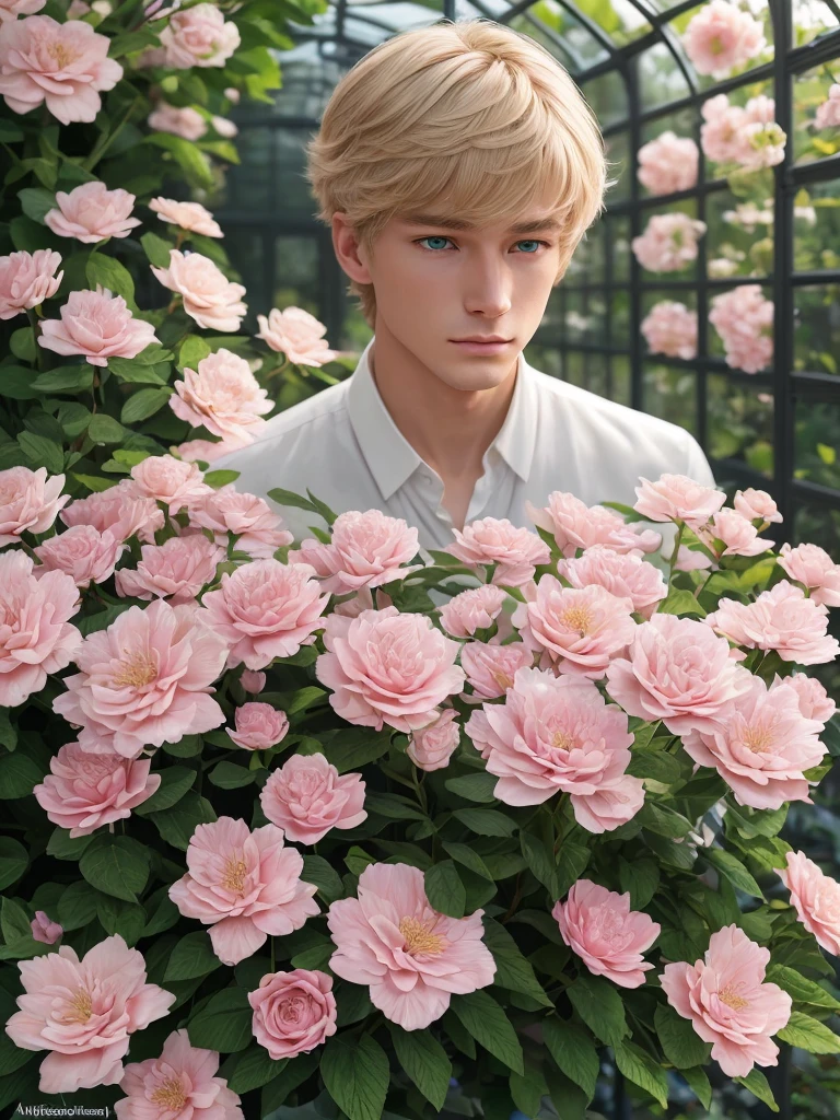 extremely delicate and beautiful, Amazing, finely detail, masterpiece, ultra-detailed, highres,best illustration, best shadow,intricate,sharp focus, high quality, 1male, solo, blond hair. red eyes, kaveh genshin impact, glass greenhouse, flowers in pots, flowers for sale, man looking at flowers, flowers everywhere