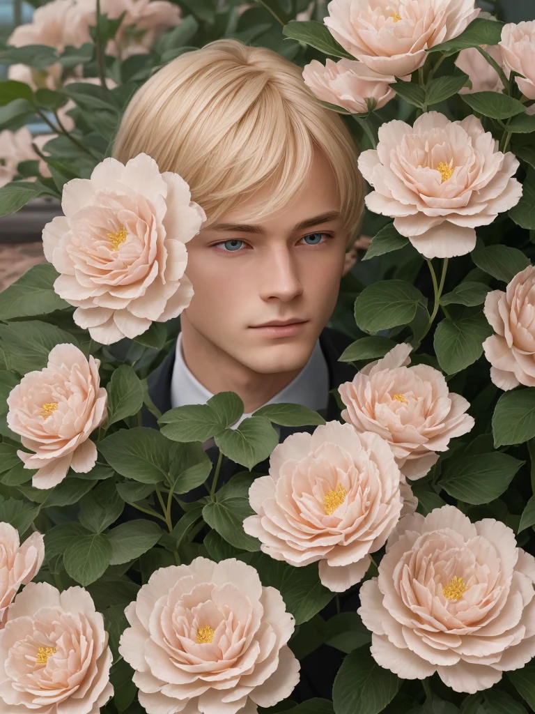 extremely delicate and beautiful, Amazing, finely detail, masterpiece, ultra-detailed, highres,best illustration, best shadow,intricate,sharp focus,  high quality, 1male, solo, blond hair. red eyes, kaveh genshin impact, glass greenhouse, flowers in pots, flowers for sale, man looking at flowers, flowers everywhere