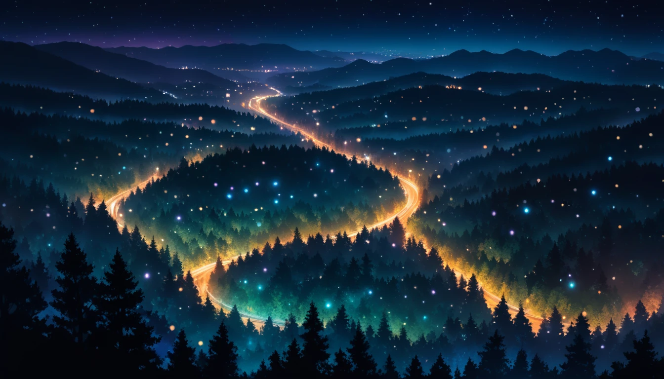8K, RAW, best quality, masterpiece, ultra high res, colorful, (medium wide shot), (dynamic perspective), sharp focus , (depth of field, bokeh:1.3),
forest background, dark forest, night time, deep night, (from above:0.5)