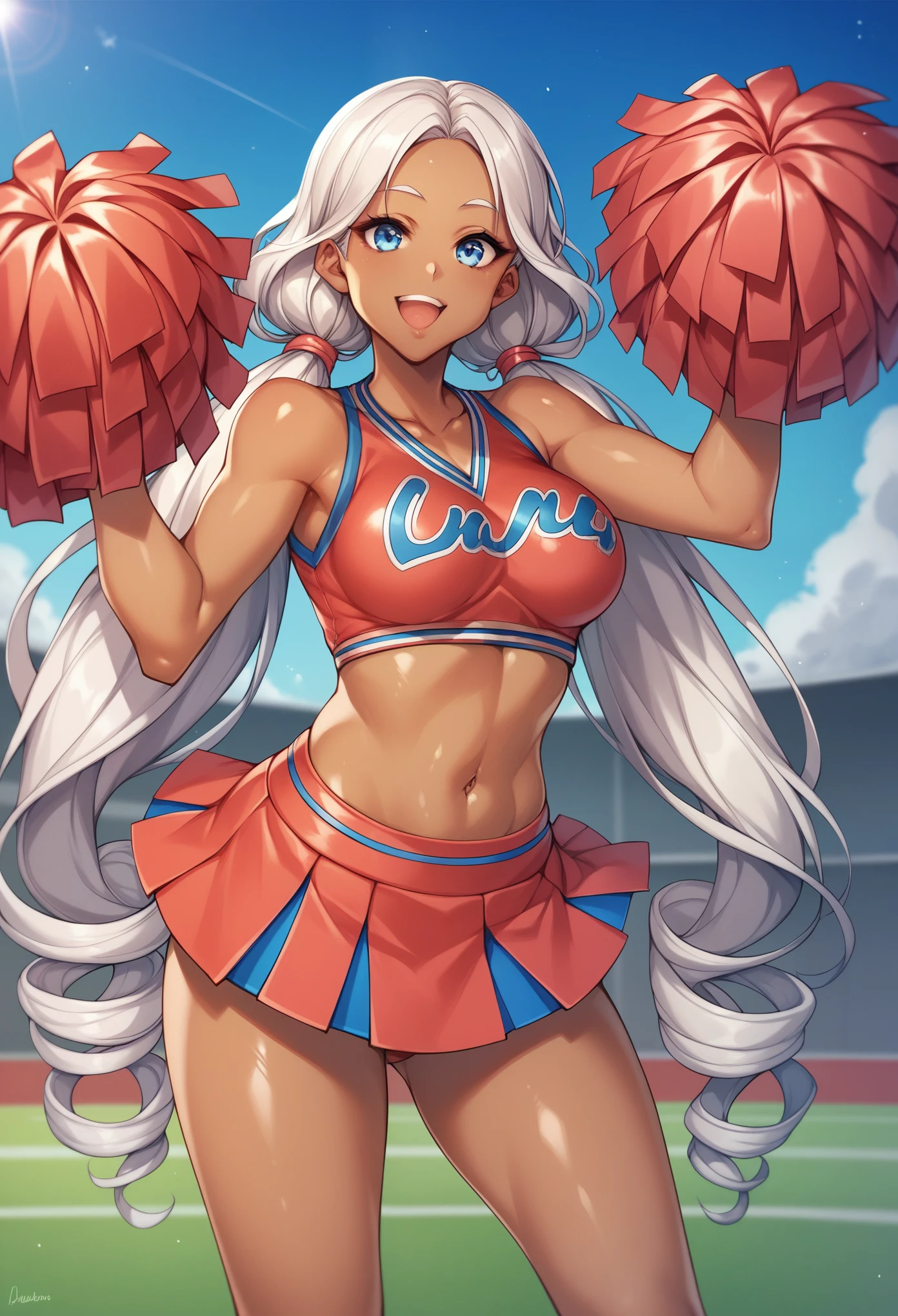 Score_9, 1girl, white hair, curly hair, parted bangs, dark skinned girl, very dark skin girl, long hair, low twintails, bare forehead, blue eyes, puffy lips, breasts, thighs, young girl, red cheerleader outfit, midriff, skirt, sports field, blue sky, smile, open mouth, shiny skin, (cowboy shot), body upclose, standing