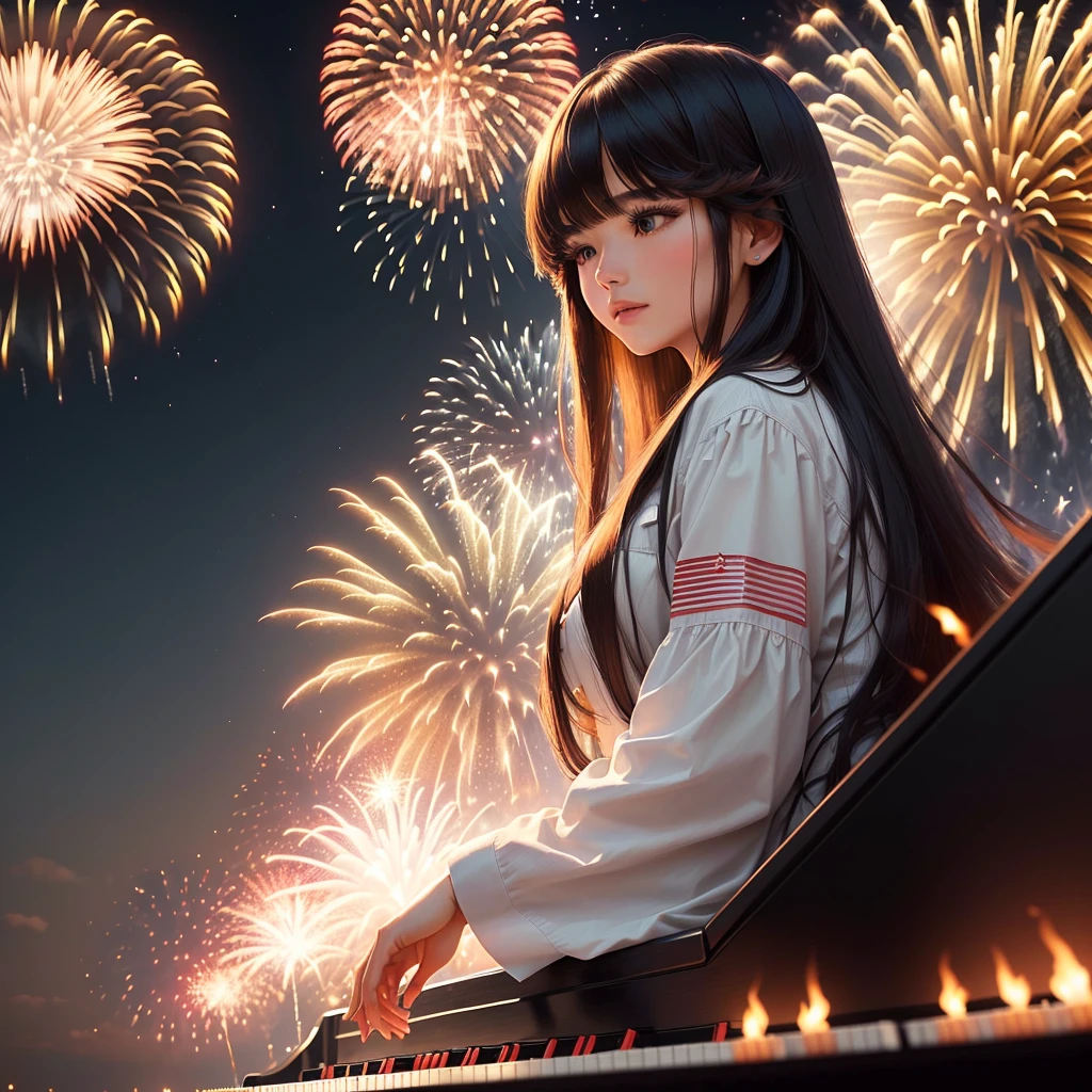 A woman with long hair and parted bangs playing the piano with a fireworks display in the background, 