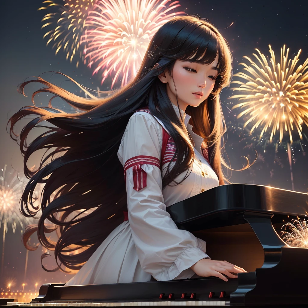 A woman with long hair and parted bangs playing the piano with a fireworks display in the background,