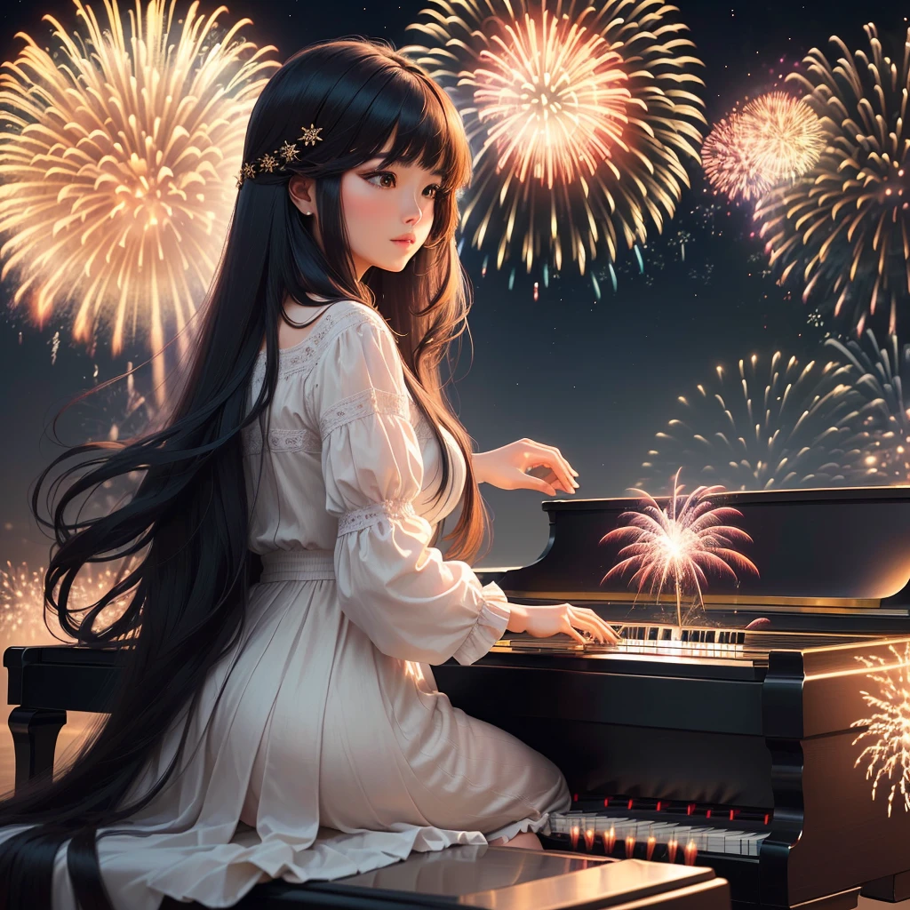 A woman with long hair and parted bangs playing the piano with a fireworks display in the background,