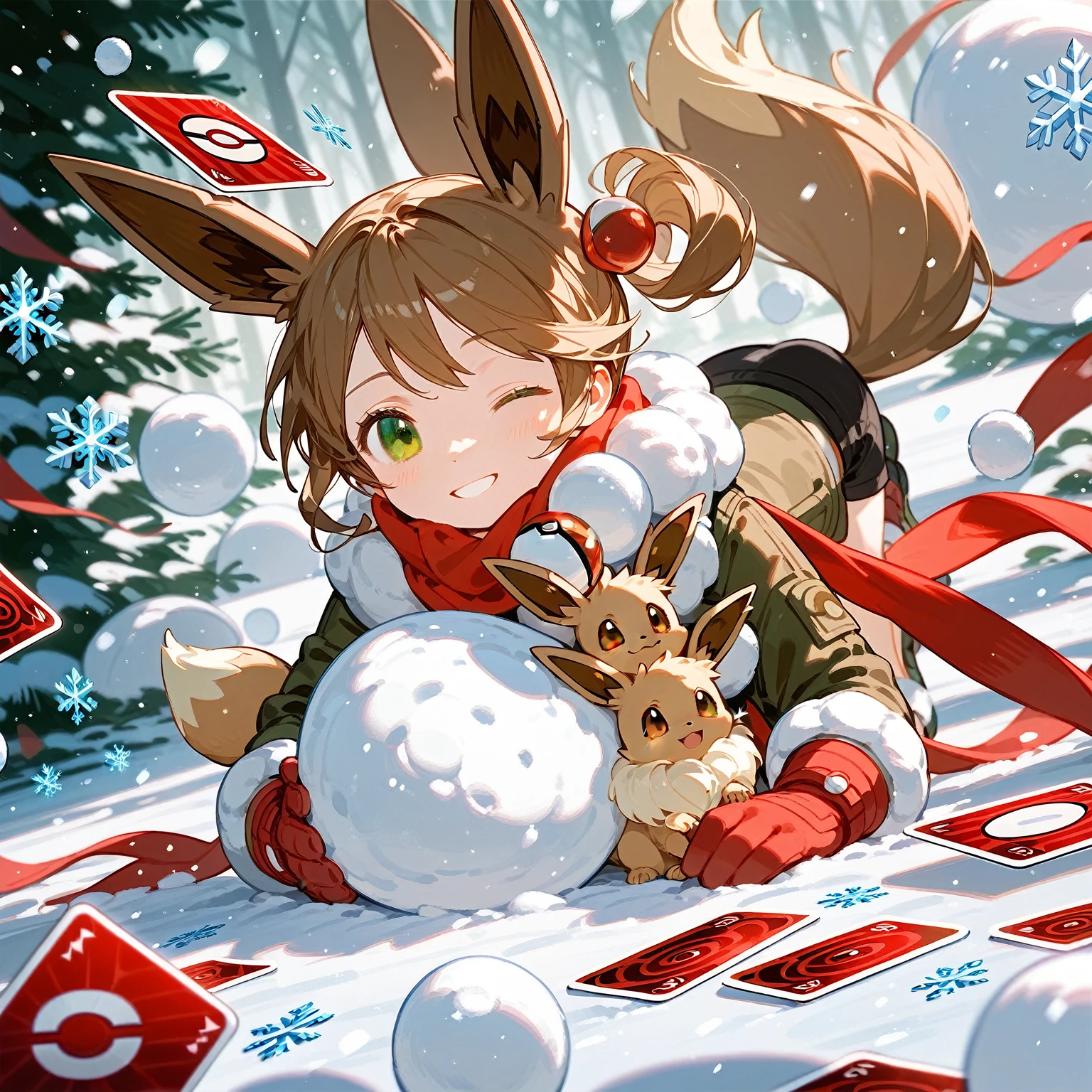 ung girl,Beautiful light and shadow,Brown side ponytail,Green eyes,Card issuance,Pokemon ball ,cute,Pokémonon style,sit down,Close one eye,Smiling gloves,scarf,Snowball,snowflake,Snow,Light Particles,Holding eevee