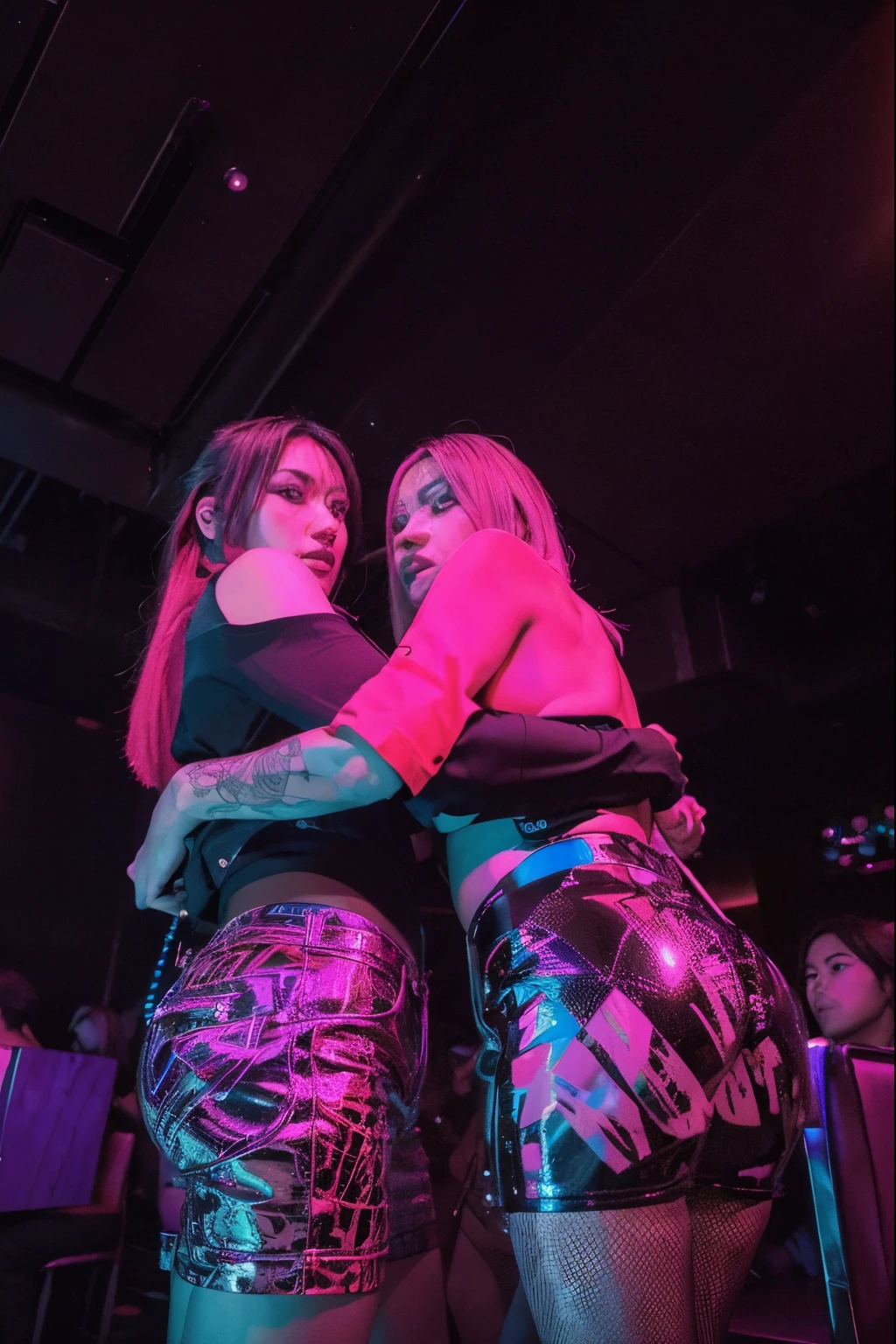 (Best quality, 8k, 32k, Masterpiece, UHD:1.2), "Transform the scene into the interior of a bustling nightclub in Tokyo, Japan, filled with vibrant energy and a crowded atmosphere. The space is packed with people dancing and socializing, creating a lively and dynamic environment.

Neon lights of various colors illuminate the room, casting dramatic and vibrant hues across the crowd. The lighting creates an electrifying ambiance, with beams of light cutting through the darkness and reflecting off shiny surfaces.

The club's interior features sleek, modern design elements with metallic accents, glass, and mirrored walls. The dance floor is spacious, with a DJ booth at the center, surrounded by state-of-the-art sound equipment and large speakers pumping out energetic music.

The bar area is stylishly designed, with a wide array of colorful bottles and cocktails on display, attended by skilled bartenders mixing drinks with flair. High tables and plush seating areas provide spots for guests to relax and enjoy the atmosphere.

Overall, the nightclub exudes a sense of excitement and modernity, perfectly capturing the vibrant nightlife of Tokyo."