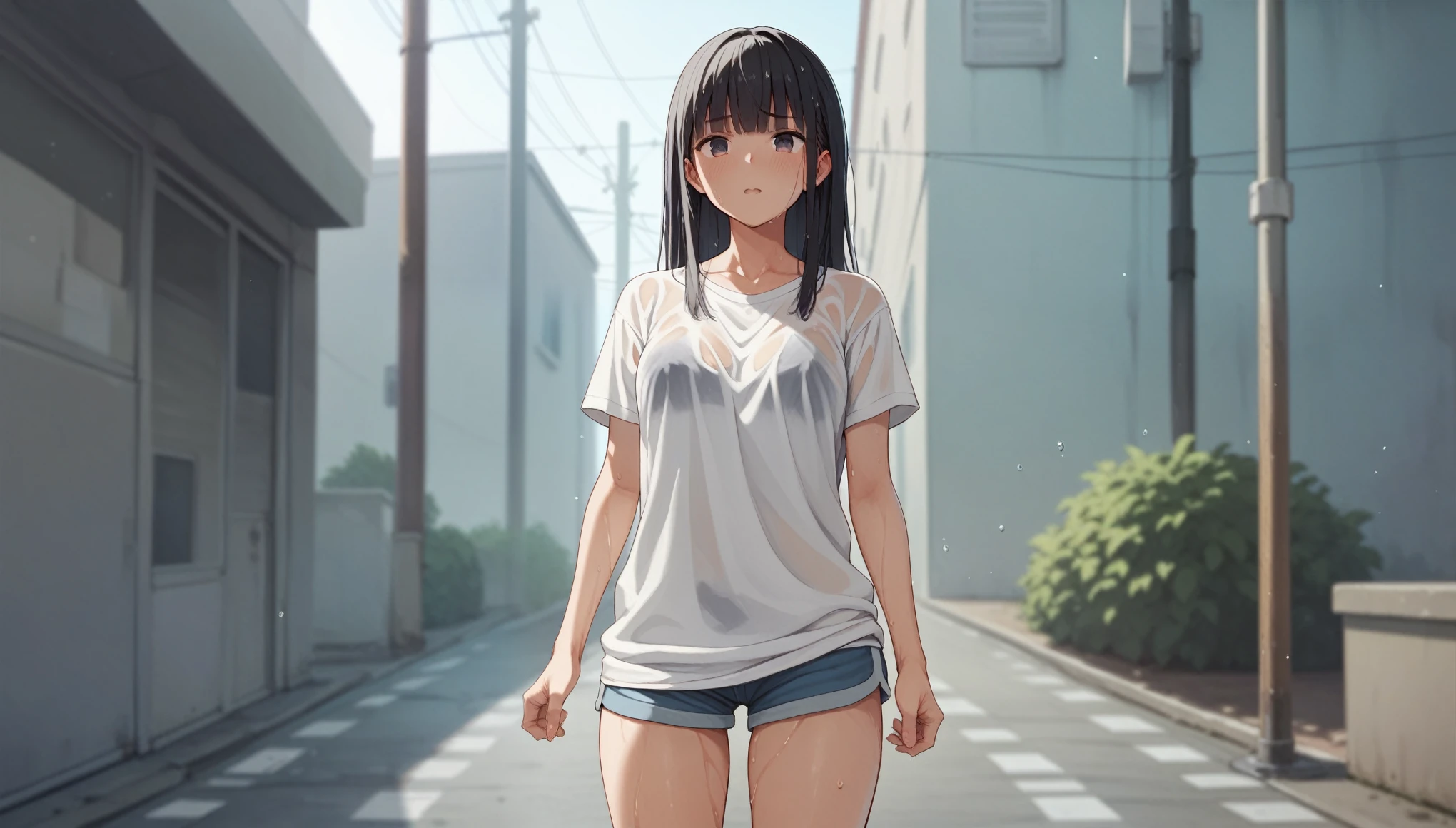 blue eyes, wearing long plain white shirt, high res, ultrasharp, masterpiece, wet shirt, black hair, pussy, crowd not notice, mysterious smile, secretly having sex in front of others by large penis, denim skirt, tiny girl