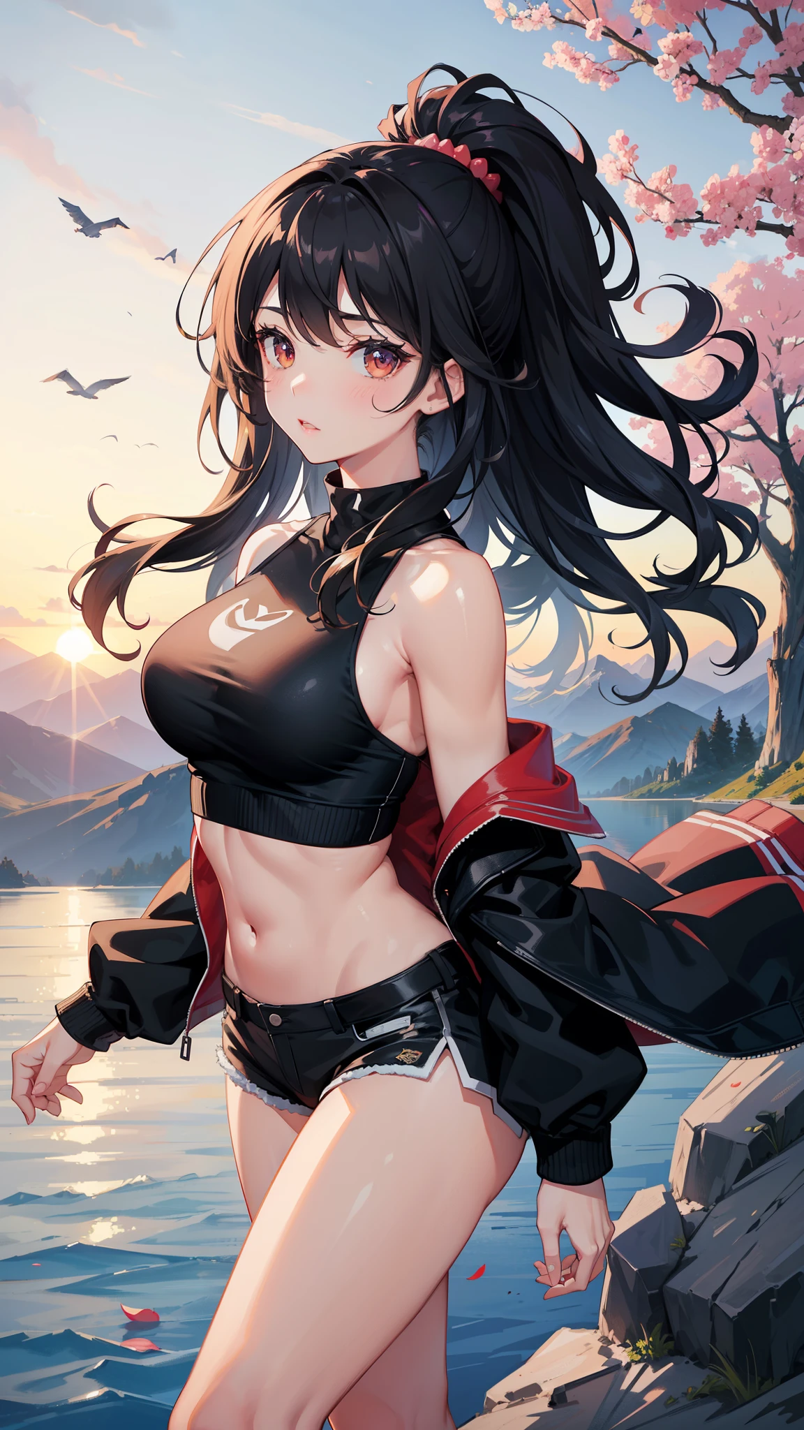 A beautiful girl, standing on mountain,giving a pose,black shorts,black crop top, seducing face,cold weather,wind breeze, beautiful sunset,birds flying,boat in lake,cute pose, looking somewhere,sweaty top,wavy hairs, black long hairs, beautiful eyes,red lips, mountains,from top view, beautiful sceneary, beautiful landscape, beautiful nature,((high quality, 8k resolution, ultra high quality,best image quality,best image clarity)), sports top,large breasts,curvy body,fit body, blushing face,red cheeks,pink petals, beautiful trees, beautiful view,hairs waving through wind,seen from front, muscular arms,watch on left hand, looking for someone,busty thighs,tall girl,one leg forward, bracelet, jacket opening