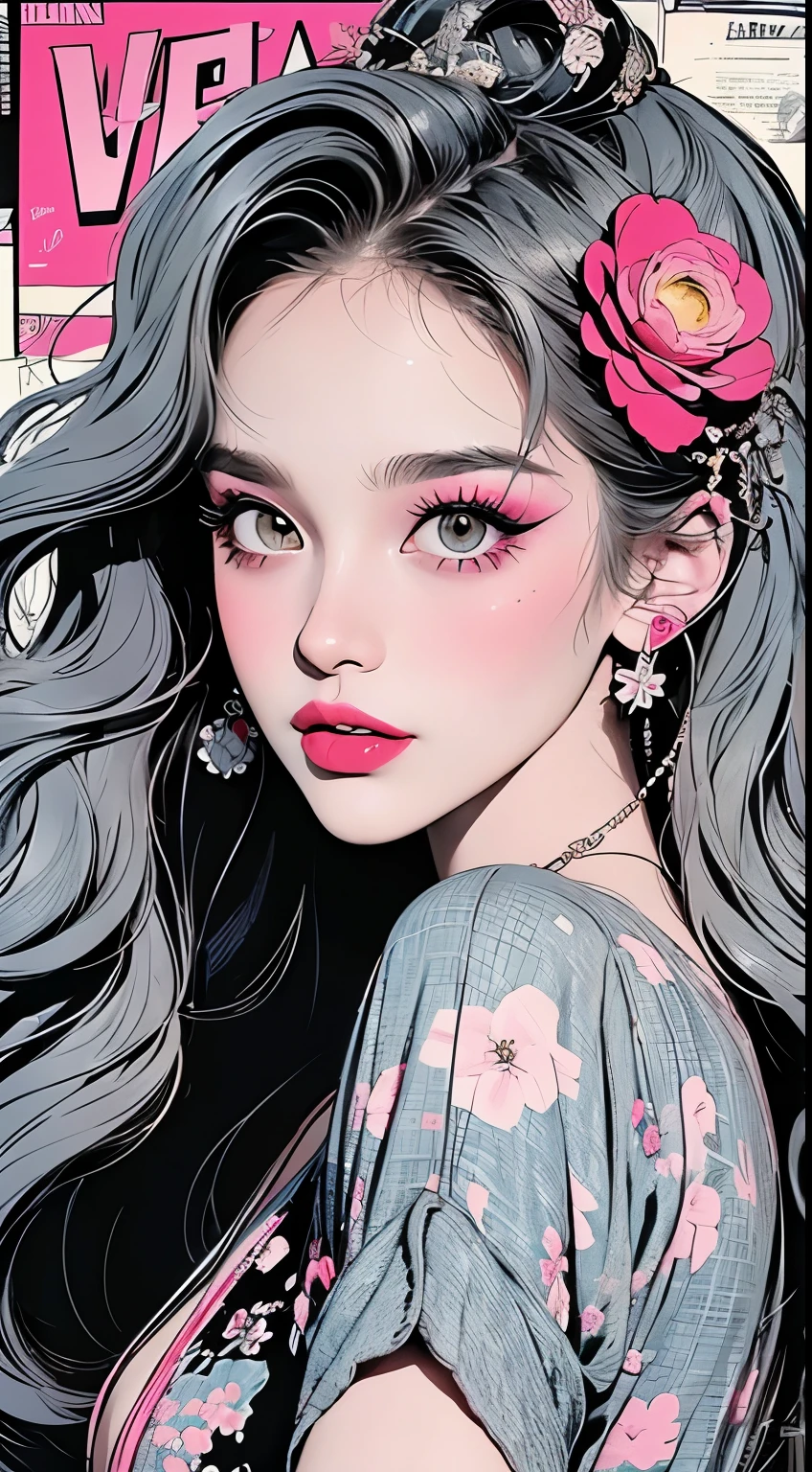 Create a digital art work in pop art style, featureing a vibrant and confident woman with bold makeup and colorfull fashion, cinematic color scheme, surrounded by vintage flowers patterns, energtic brushstrokes,the mood should be dynamic, upper body, drawing, illustration, grayscale