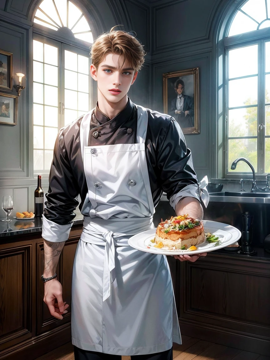 (absurdes, haute résolution, ultra détaillé, HDR), chef-d'œuvre, Meilleure qualité, portrait d'un garçon, beau garçon with blue eyes, Visage détaillé, Dans une ville, jeune corps bâti, bel aventurier, photo professionnelle, torse détaillé d'homme de style RPG, assis confortablement avec les jambes écartées, (bouffi(par le bas:1.1)), les yeux sur le spectateur,Jeune garçon de 18 ans, beau garçon, contexte détaillé, chef-d'œuvre art,Penis exposed, male model, penis detail