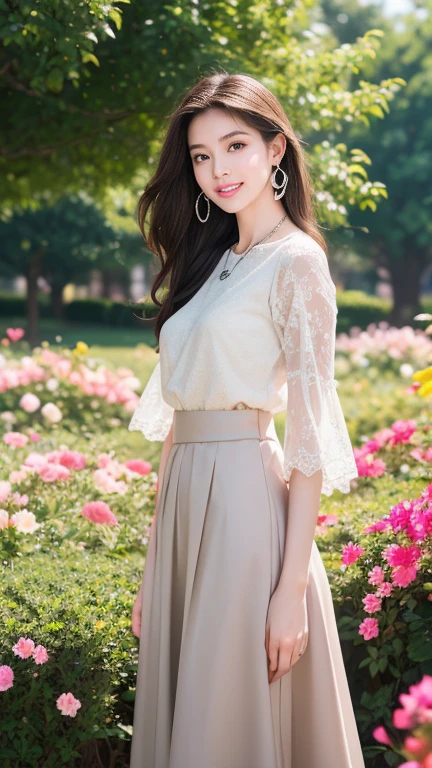 (Highest quality、 8k 、masterpiece、High resolution)、Young lovely woman、Ample breasts、Beautiful clavicle、Slender beauty、(Brown hair medium、My hair is blowing in the wind、Flows backwards)、whole body、 (Beautiful Face,Beautiful Eyes,Beautiful nose,Pretty lips)、(Earrings、silver heart pendant necklace)、(Feminine Style、3/4 Sleeve Lace Blouse、See-through long skirt)、Her mouth opens slightly and a smile appears.、Dynamic pose、Outdoor、(garden、Colorful flowers)、looking at the camera、Professional Lighting、Professional photographer、