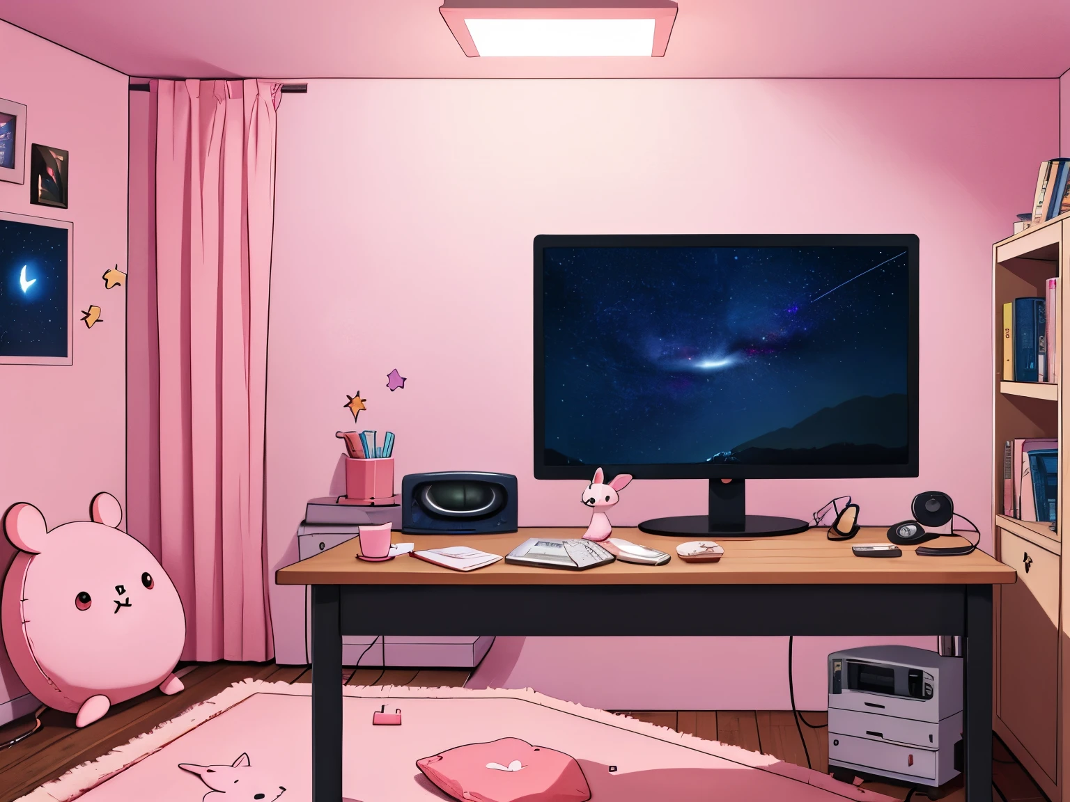 no character; 1 table centered on the image with mouse, keyboard, monitor and cabinet; No chair; light pink wall; window with curtain between open showing the night and stars; rabbit slipper on the floor, computer wires under the table; led light string on wall