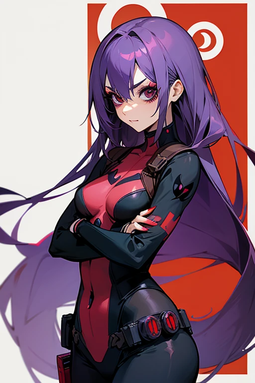 (masterpiece, best quality:1.2), 1girl, solo, sabrina, pokemon, long hair, purple hair, blunt bangs, red eyes, red sweater dress,(white gloves:1.2), black sash, (black leggings:1.1), (bodysuit:1.1), pantyhose, large breasts, knee boots,panties under pantyhose, glaring,crossed arms,crouching down