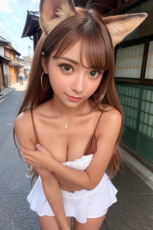 Small fox ears、((Tanned Gal))、((Tanned Gal))、one girl, (a beauty girl, delicate girl:1.3), (12 years old, change:1.3), break,((Shrine maiden costume)),(Brown fox ears) break, Definition of Very Fine Particles, (Symmetrical eyes:1.3), break, (alley, Kyoto:1.3), perfectly trimmed fingers, break, (Beautiful medium milk), Brown eyes, Parted bangs, Brown Hair, girl, break, (Eye and facial details:1.0), break, (masterpiece, Highest quality, Very detailed, Detailed face, 8k)