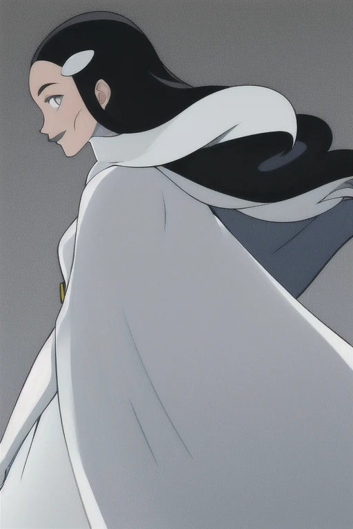 Tinya Wazzo, solo,black hair, long hair. grey eyes, smile, grey lips, white cape, From Behind, From Below, cape infront, beautiful cape,