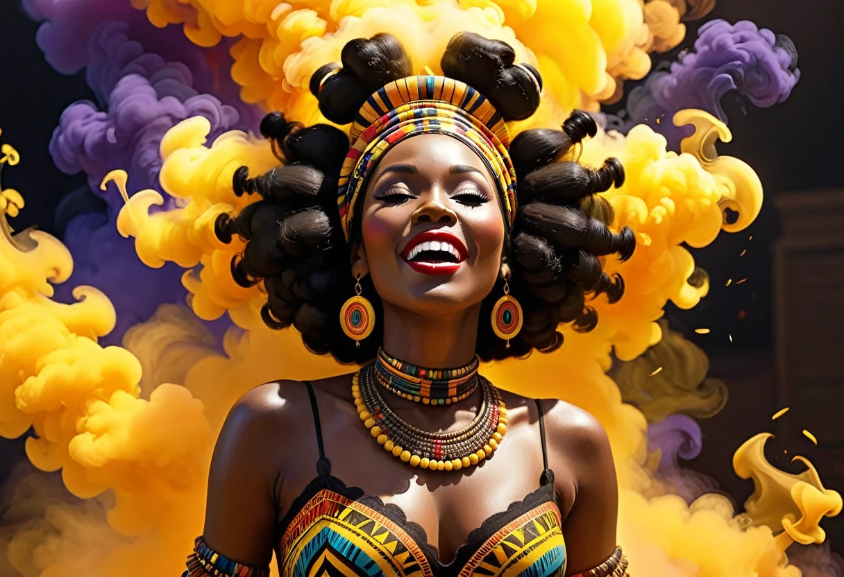 stylized by Pixar, Vector Art, large (black tribal woman:1.2) , deep yellow smoke wide mouth, she is dressed in vibrant, bold colors and patterns that reflect the joyful and expressive nature of black gospel worship, Ruff, Foggy, detailed, masterpiece, Light, Ambient lighting, 35mm, Saturated