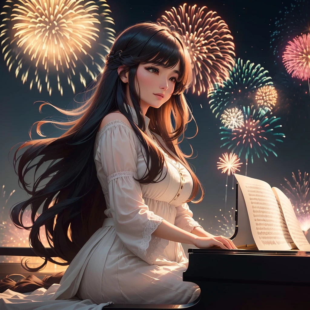 A woman in her 30s with long hair and parted bangs playing the piano with a fireworks display in the background, anime