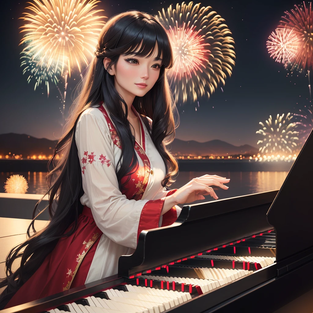 A woman in her 30s with long hair and parted bangs playing the piano with a fireworks display in the background, anime