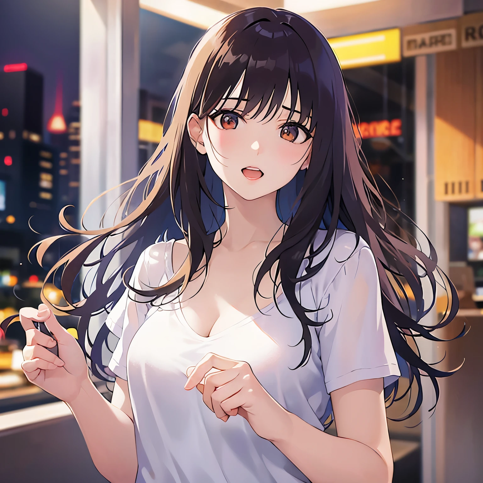 (looking at viewer:1.5),Upper Body, waving hands,
Realistic, real person, (pale skin: 1.2), RAW photo, photorealistic, shiny skin, shiny hair、
(A 25-year-old woman with medium-length hair and bangs) and (wavy hair) and (brown hair) and (orange eyes) 、
worried,open mouth, Wearing a white V-neck top 、The background is the interior of a restaurant at night.