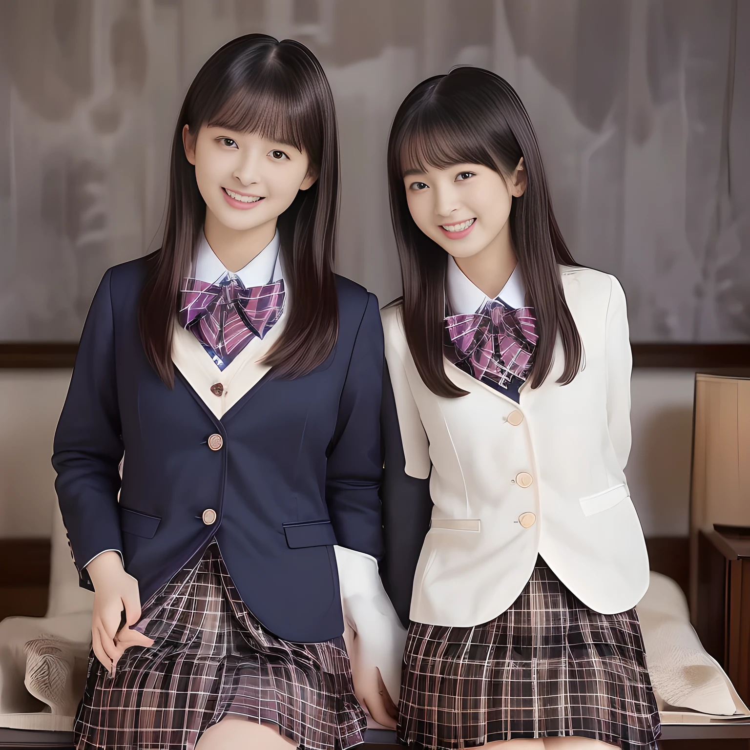 (Highest quality, masterpiece:1.2), Highest quality, High resolution, 1080P, 8k, (Paintings by Vigée Leblanc: 1.5), (A noble, graceful and intelligent Japanese young long hair magazine fashion model who have a best proportion are seated smiling at me with religious extreme beatitude, expressing her happiness to me with her religious love supreme: 1.5), (background is complete black: 1.6), (double-eyelids, brown wet large eyes with detailed beautifully: 1.4), (long cute eyelashes: 1.4), ((thin droopy eyebrows: 1.4)), (giggling and calling me to invite me to her extreme happiness opening her mouth: 1.6), (laughing shy cheeks and lips, as if watching a comedy: 1.5), ((Very super long wavy hair is too much beautiful: 1.0)), (Navy gorgeous Japanese school blazer with noble golden emblem: 1.2), (Gorgeous dark blue tartan check blue pattern pleated skirt with beautiful white fat calves and knees: 1.4), (Gorgeous plain red gloss chest ribbon: 1.0), (Well-shaped ample fat breasts), (Tilting her head shyly), (Too beautiful women to stop falling into them: 1.6), (She is in fact succubi and calling me with strong religious temptation: 1.2), showing her palm to invite me