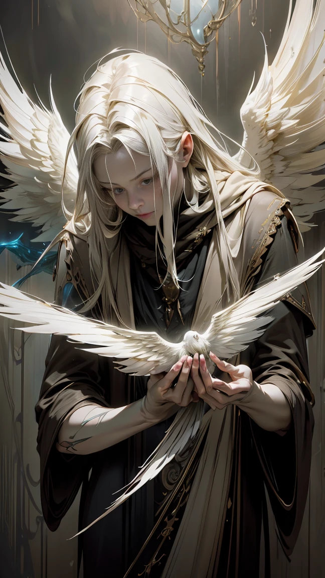 Movie,Photorealistic Dark Wizard、I will be your Albino Angel.,Vibrant colors,elegant,Warm Tones,Surreal,Aaron Horkey and Jeremy Mann's 8K Photorealistic Masterpiece,Professional photography,Merton Bobzart's photos of the largest illuminations,Exquisitely rendered concept art in 8K resolution,Complex,elegant,Huge,wonderful,Mysterious Clouds