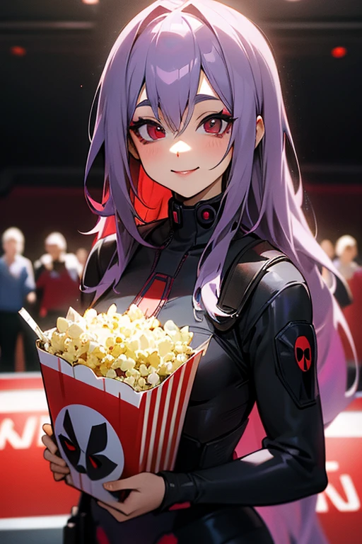 Anime Girl 2d Long Hair Loose light Purple-Grayish, Age Adulthood adult, with Deadpool red and black cosplay and red make up in front of a cinema smiling with popcorn 