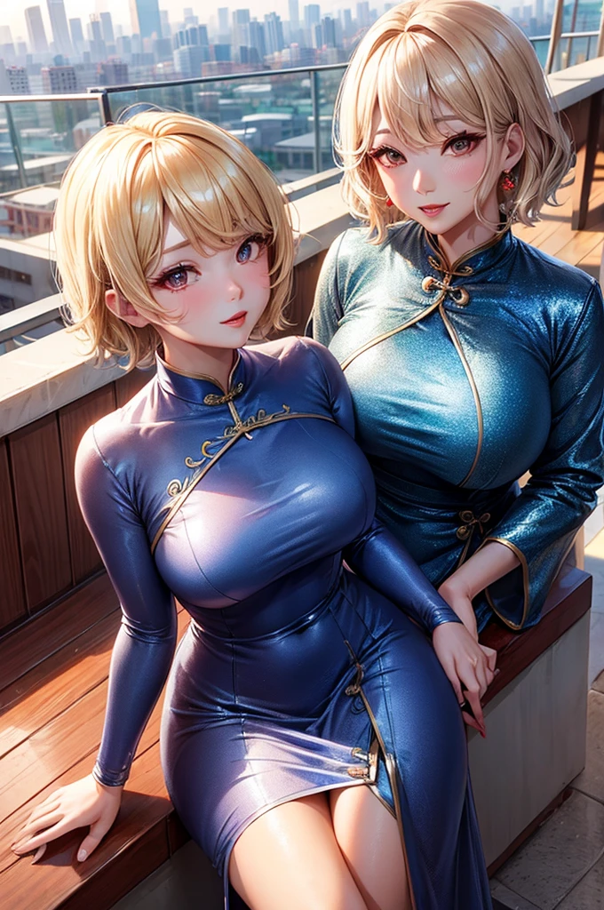 Korean Idol　Mature Woman　Wavy blonde with bangs　short hair　Fuller lips　Shiny metallic blue cheongsam long dress 　((dressing))　Looking into the camera　Duck mouth　Sweaty, shiny skin　Bright red lipstick　A rooftop with a beautiful view of Beijing&#39;s nightscape　Photorealistic Blushed Cheeks