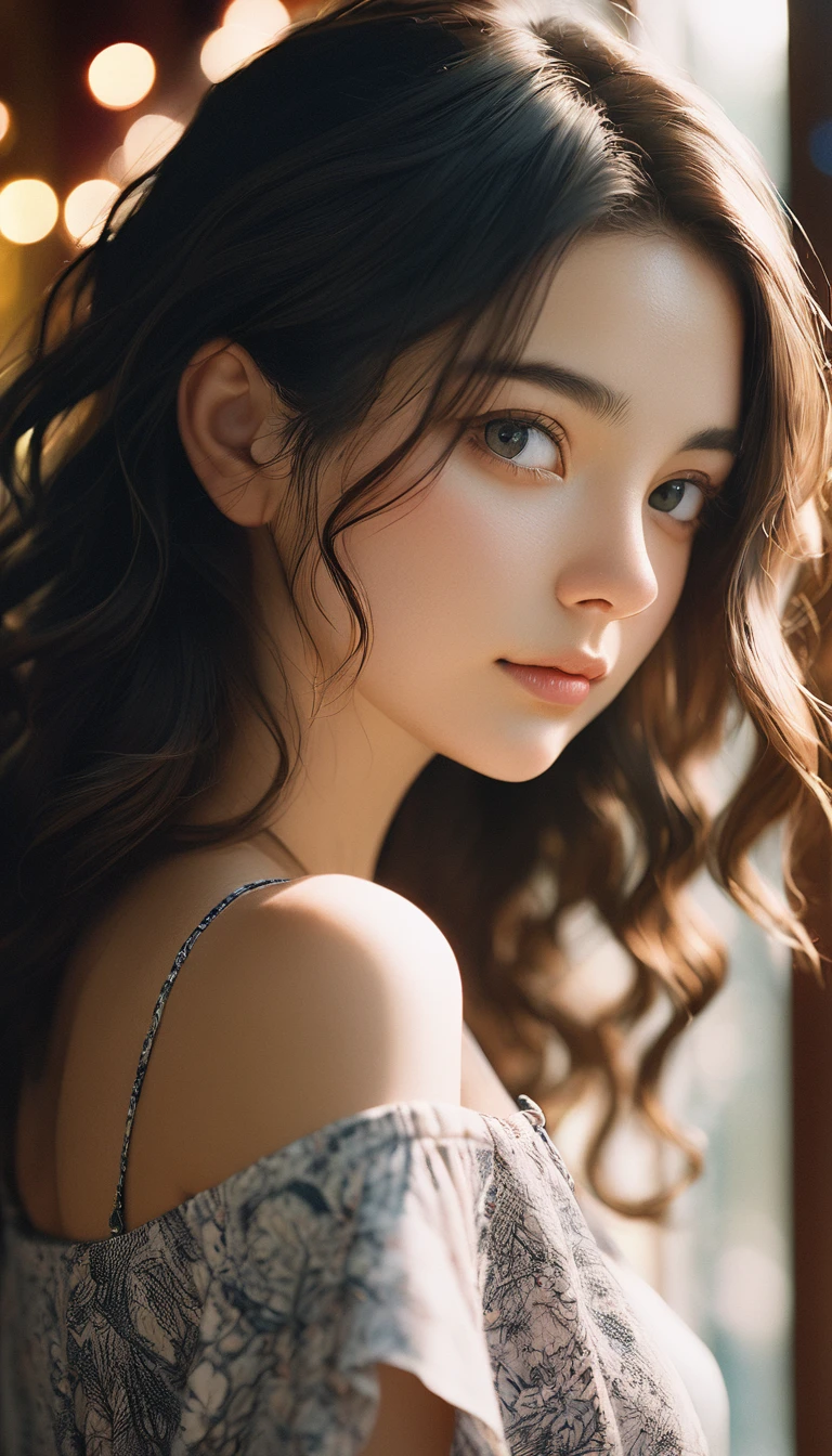 Film Portrait Photography, One girl, Exposing shoulders, Shoulder-length wavy hair, Calm, Calm, (Realistic eyes, Natural skin texture, Realistic facial details), Soft and dramatic lighting, Depth of written boundary, Bokeh, Vivid details, In detail, Surreal, 35mm Film, Blurred, movie,