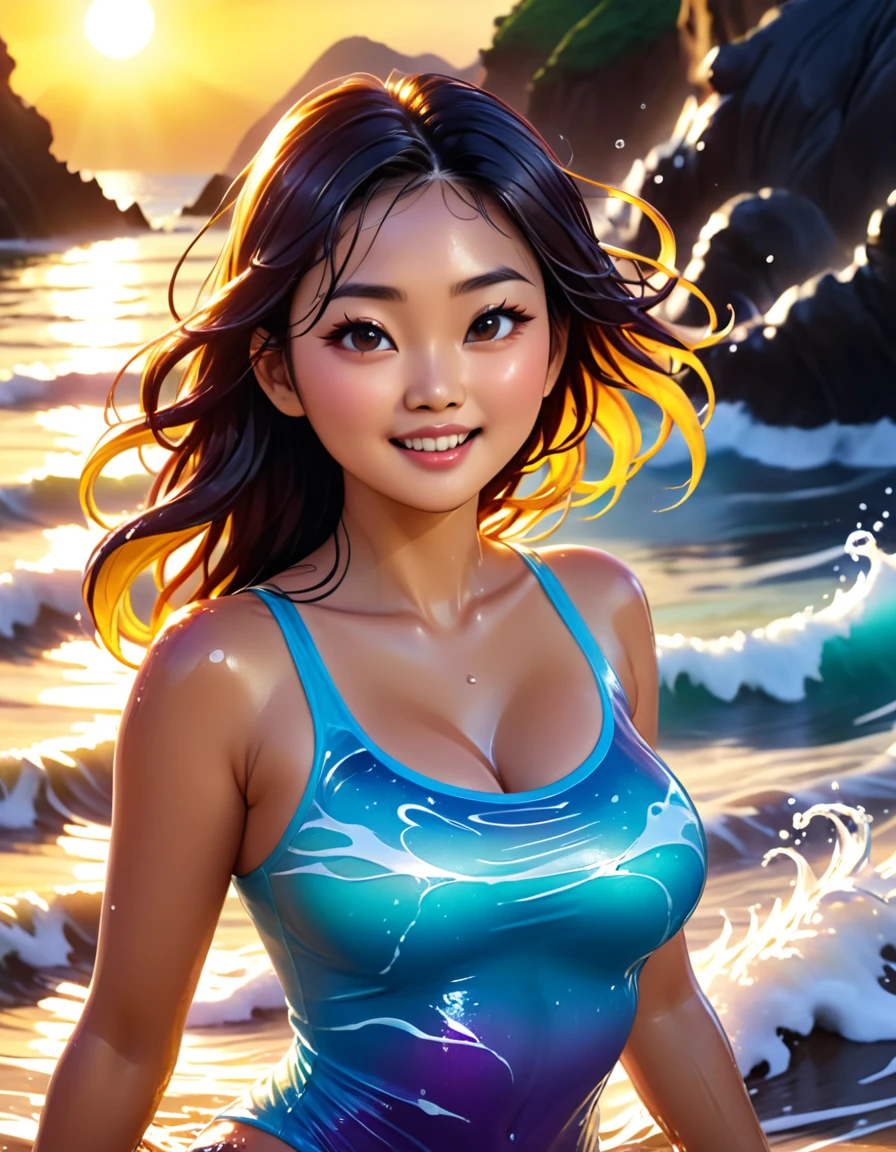 a beautiful busty asian woman, wet t-shirt, beach, surreal waves, glowing skin, dynamic pose, detailed face and features, long flowing hair, water splashing, golden sun rays, vibrant colors, cinematic lighting, photorealistic, (best quality,4k,8k,highres,masterpiece:1.2),ultra-detailed,(realistic,photorealistic,photo-realistic:1.37)