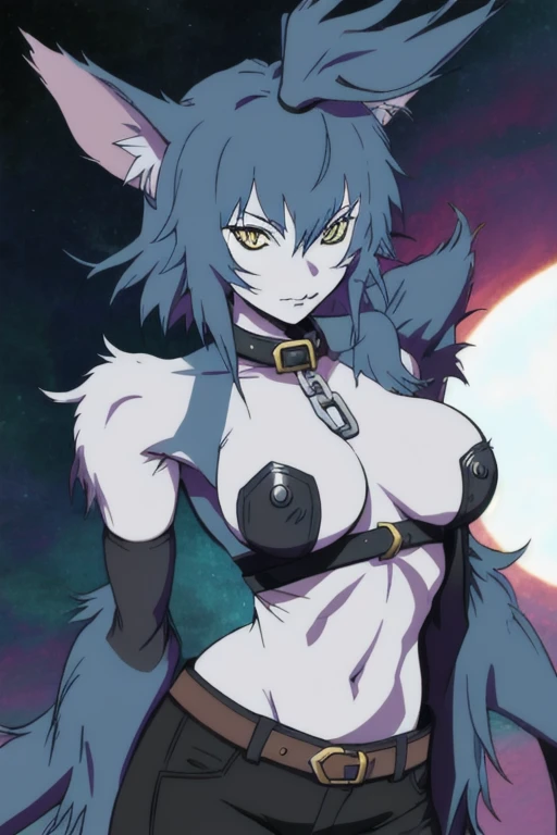 Wolfie, hells, 1girl, solo, furry character, leather pants, shoulders furry, breasts, wolf ears
