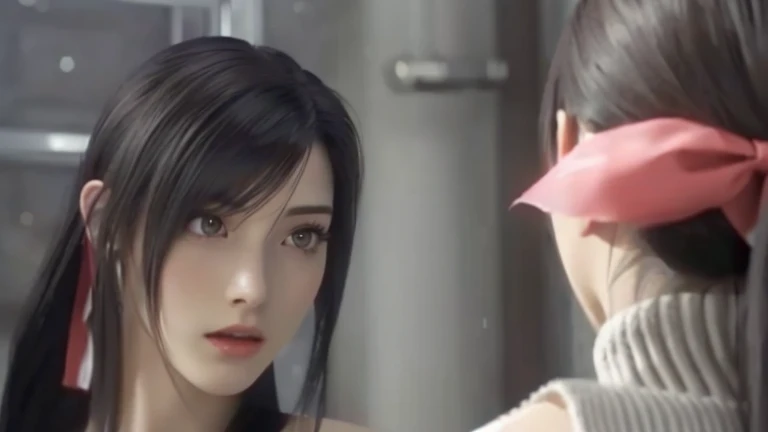 there is a woman with a red bow looking at herself in the mirror, tifa, tifa lockhart, tifa lockheart, portrait of tifa lockhart, tifa lockhart portrait, glamorous tifa lockheart, seductive tifa lockhart portrait, tifa lockhart with white hair, cgi cutscene, from final fantasy vii, video game cutscene, make a real phot