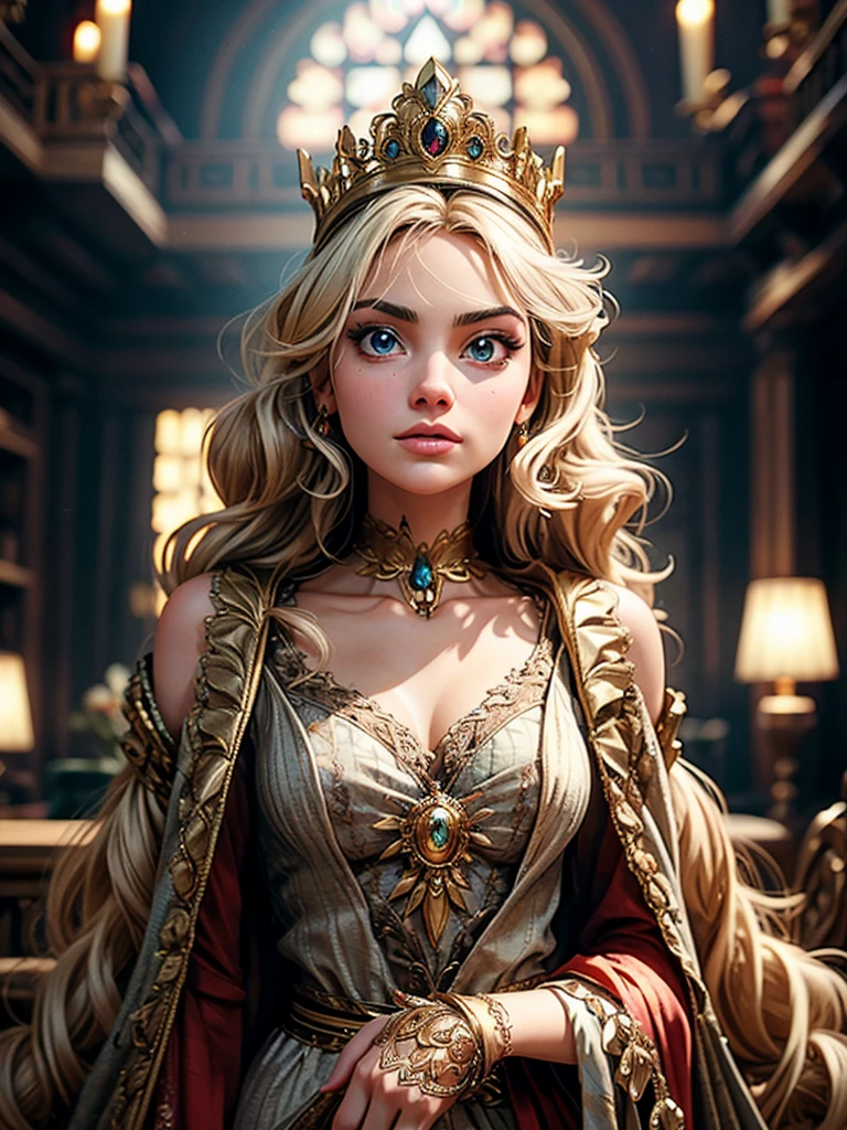A girl with long golden hair, choppy bangs, Nordic heritage, a figure, delicate facial features, pale skin, porcelain skin, an innocent yet determined gaze, she wears an exquisite headband, dressed in a fantasy-style Slavic royal dress, a fur shawl draped over her shoulders, wide sleeves, a luxurious layered skirt, the background features a fantasy-style royal castle, this character embodies a finely crafted fantasy-style Slavic princess in anime style, exquisite and mature manga art style, high definition, best quality, highres, ultra-detailed, ultra-fine painting, extremely delicate, professional, anatomically correct, symmetrical face, extremely detailed eyes and face, high quality eyes, creativity, RAW photo, UHD, 32k, Natural light, cinematic lighting, masterpiece-anatomy-perfect, masterpiece:1.5 sultry look, seductive