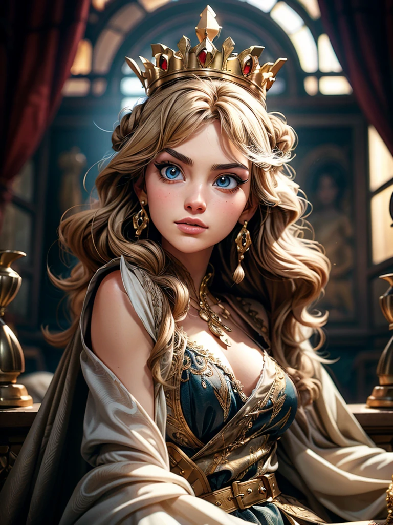 A girl with long golden hair, choppy bangs, Nordic heritage, a figure, delicate facial features, pale skin, porcelain skin, an innocent yet determined gaze, she wears an exquisite headband, dressed in a fantasy-style Slavic royal dress, a fur shawl draped over her shoulders, wide sleeves, a luxurious layered skirt, the background features a fantasy-style royal castle, this character embodies a finely crafted fantasy-style Slavic princess in anime style, exquisite and mature manga art style, high definition, best quality, highres, ultra-detailed, ultra-fine painting, extremely delicate, professional, anatomically correct, symmetrical face, extremely detailed eyes and face, high quality eyes, creativity, RAW photo, UHD, 32k, Natural light, cinematic lighting, masterpiece-anatomy-perfect, masterpiece:1.5 sultry look, seductive