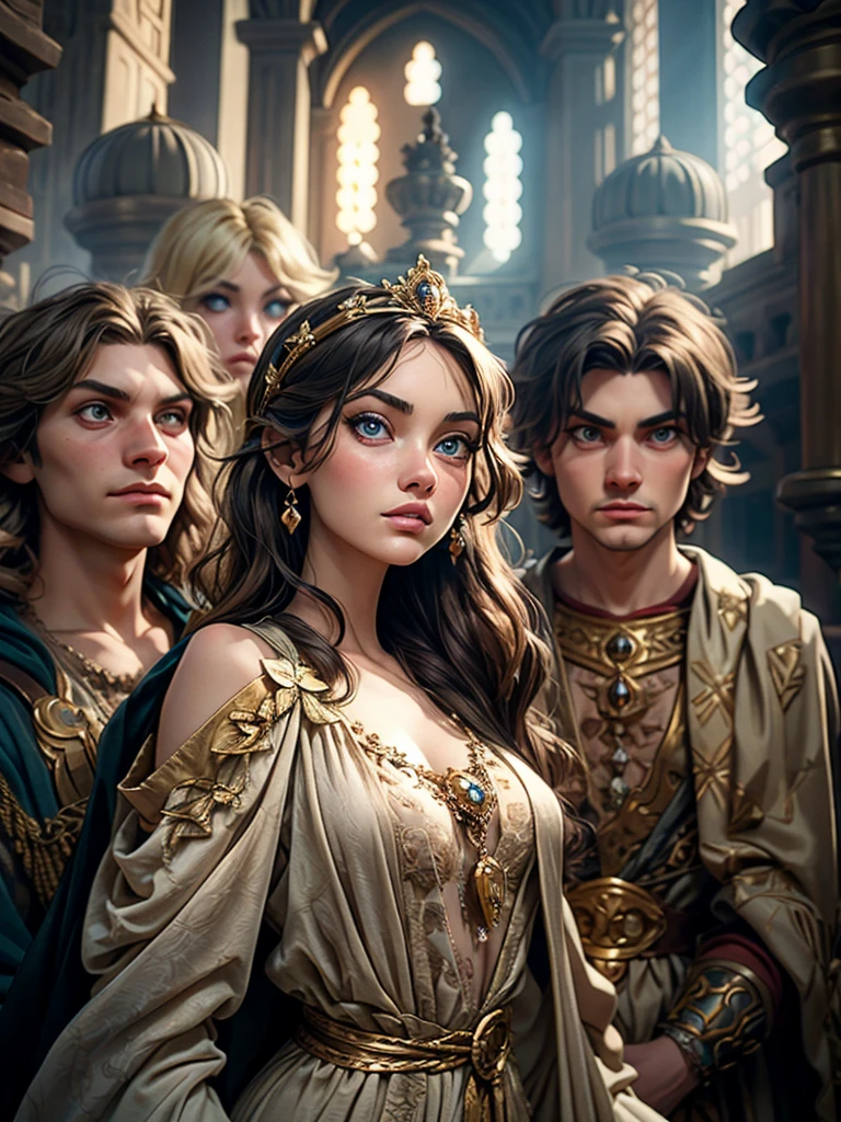 A girl with long golden hair, choppy bangs, Nordic heritage, a figure, delicate facial features, pale skin, porcelain skin, an innocent yet determined gaze, she wears an exquisite headband, dressed in a fantasy-style Slavic royal dress, a fur shawl draped over her shoulders, wide sleeves, a luxurious layered skirt, the background features a fantasy-style royal castle, this character embodies a finely crafted fantasy-style Slavic princess in anime style, exquisite and mature manga art style, high definition, best quality, highres, ultra-detailed, ultra-fine painting, extremely delicate, professional, anatomically correct, symmetrical face, extremely detailed eyes and face, high quality eyes, creativity, RAW photo, UHD, 32k, Natural light, cinematic lighting, masterpiece-anatomy-perfect, masterpiece:1.5 sultry look, seductive