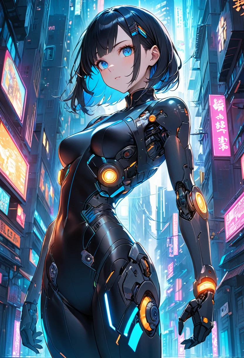 A person with mechanized body parts in the cyberpunk style stands out. His transparent skin reveals circuits and cables, while his eyes glow with colored LEDs. The limbs are a mixture of flesh and metal, with advanced prosthetics and cybernetic interfaces. Wearing a black leather jacket, the figure is set in a dystopian urban setting with decaying skyscrapers. The image represents the fusion between the human and the mechanical in the futuristic world of cyberpunk