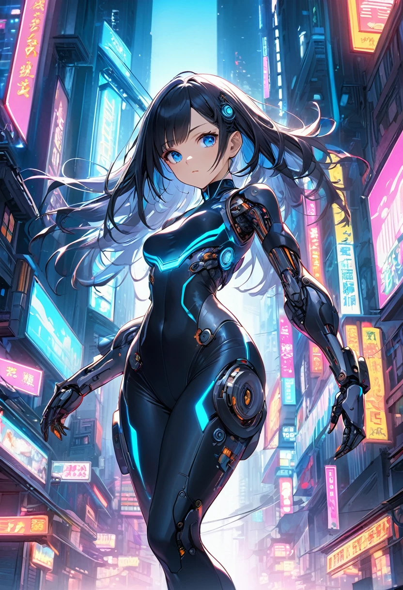 Cyborg Girl in a Retro City at Night
Main subject: An Asian cyborg girl with a combination of human and robotic elements. Bright blue eyes, long black hair with neon blue strands, futuristic tight outfit with glowing circuit patterns.
Background: Retro city with tall buildings and colorful neon lights. Streets filled with flying vehicles, dramatic streetlights. Thick smoke effect around the subject.
Expression and pose: Standing tall, slightly sideways. Calm and determined expression. Hand slightly raised, showing mechanical details.
